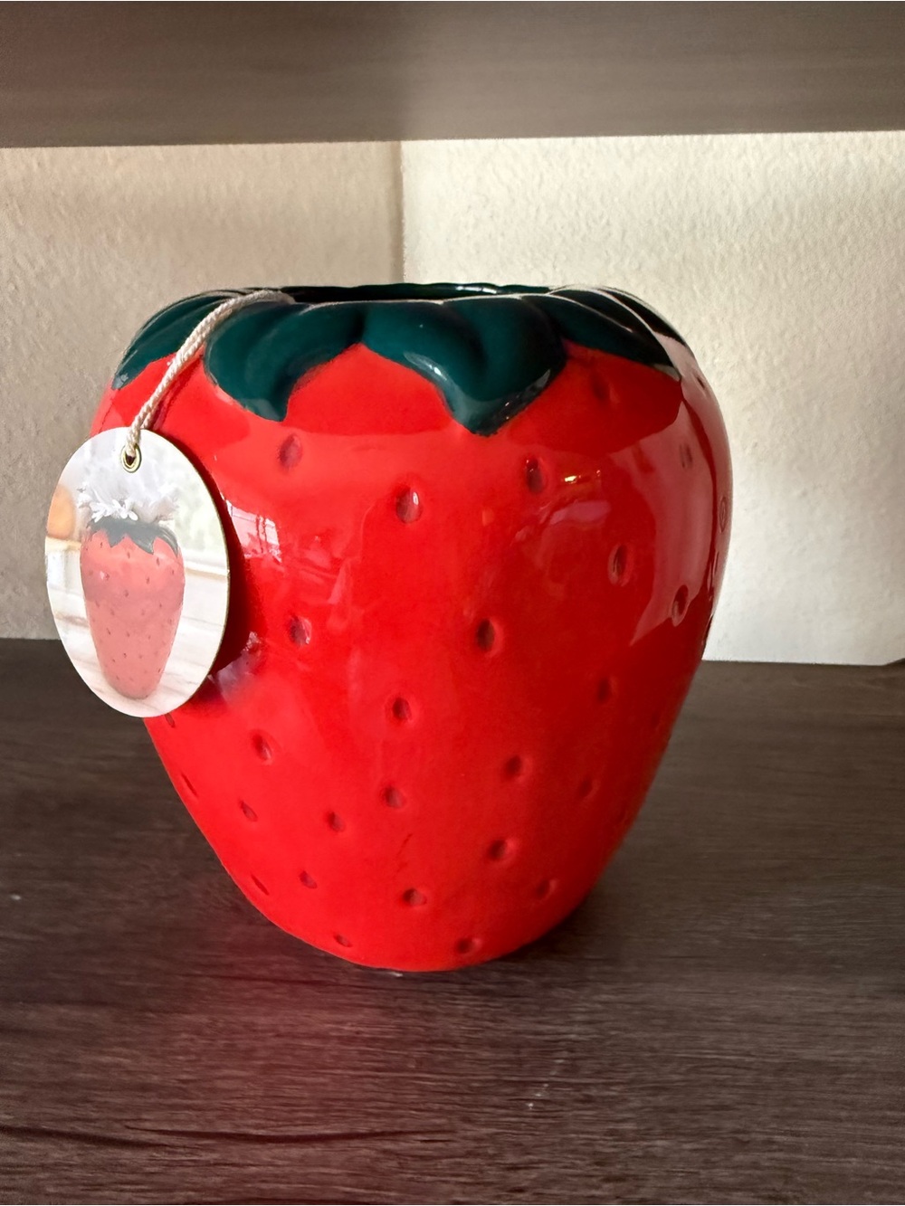 Ceramic Strawberry Planter Vase in Bright Red with Green Top